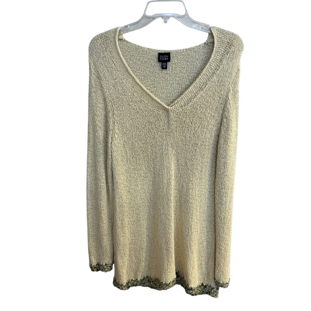 Eileen Fisher Light Yellow Linen Blend Ornate Trim Pullover Tunic Sweater Sz XL